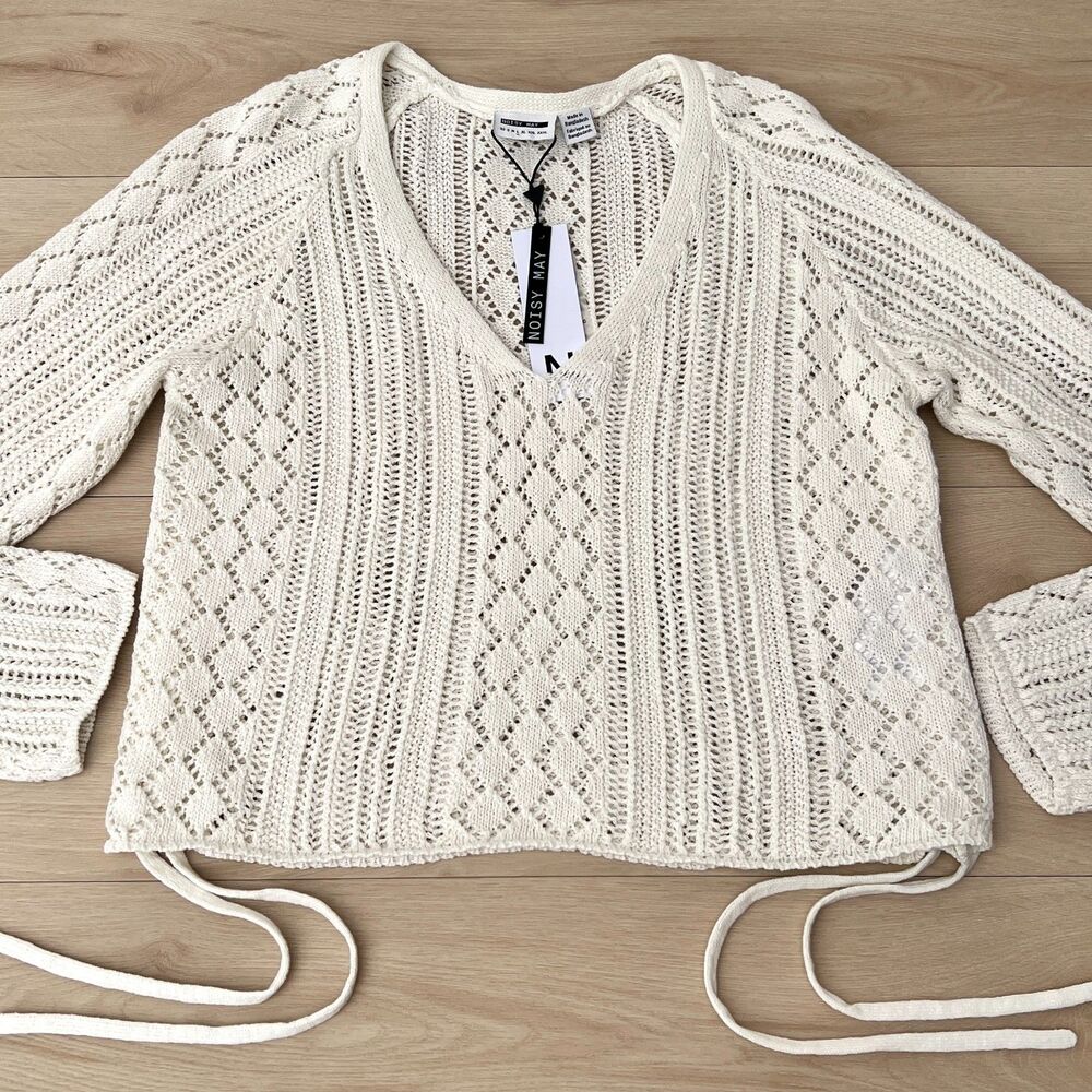 NWT Noisy May Crochet-Style Open Knit Ruched Luna Sweater in Birch / Cream Sz L